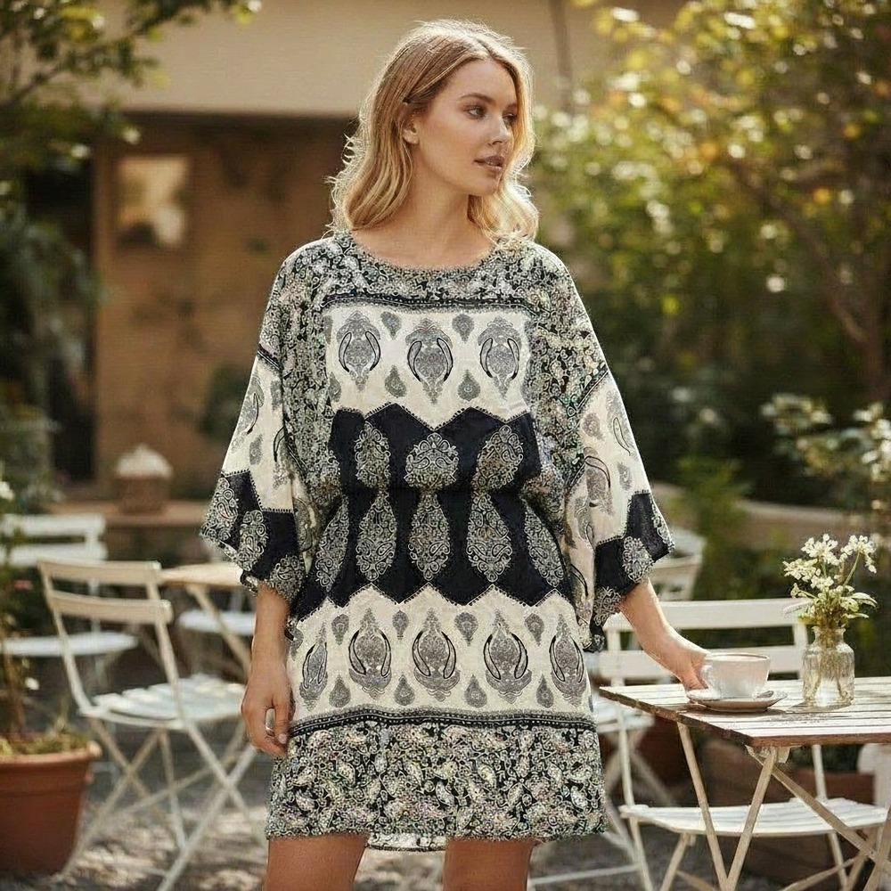 Tolani 100Silk Paisley Print Mini Dress Black White Elastic Waist Puff Sleeve S